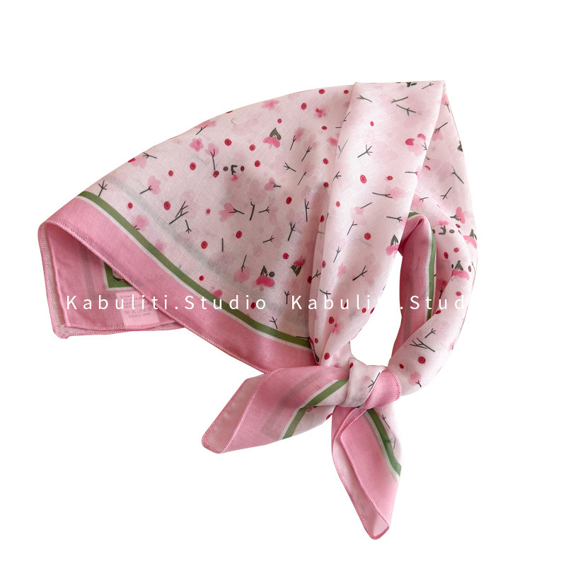 Silk scarf women's cotton linen small square scarf, sweet crushed flower headwrap sun protection decorative photo air-conditioned room shawl
