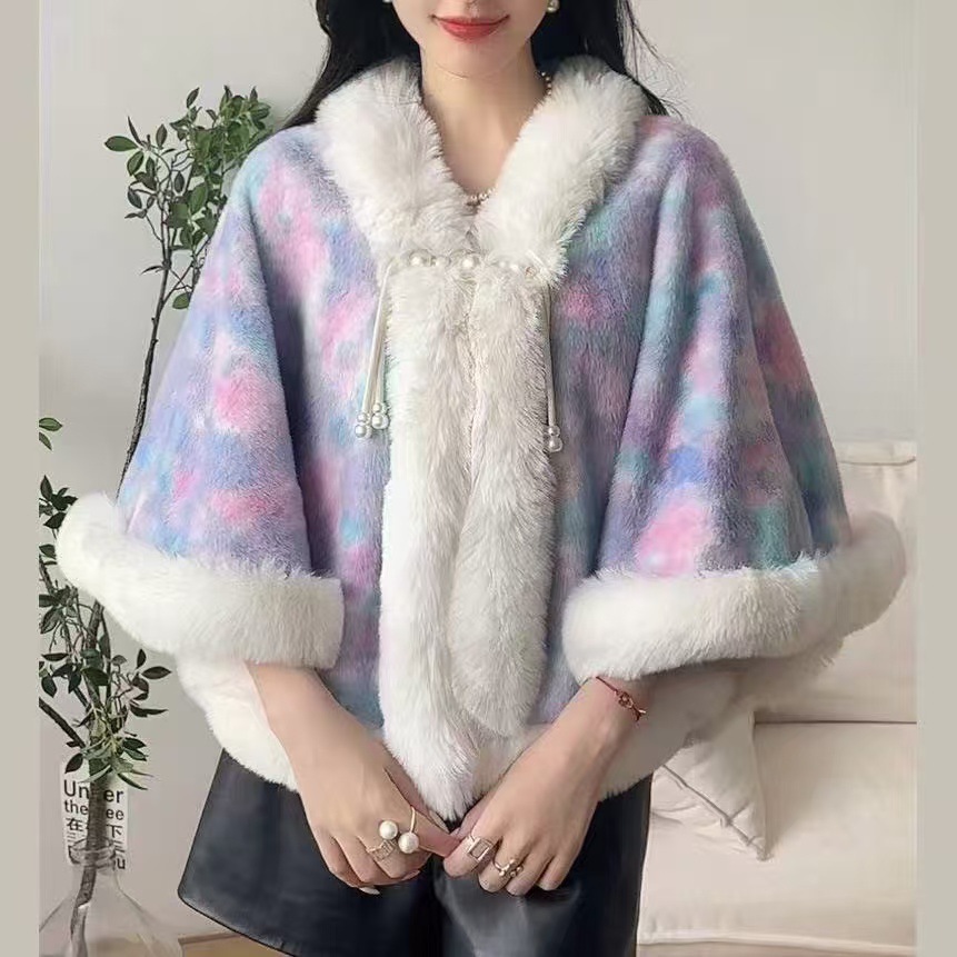 806# New Chinese Style Cheongsam Shawl Pearl Button Cape Thickened Season National Style Fur Collar Cape Shawl