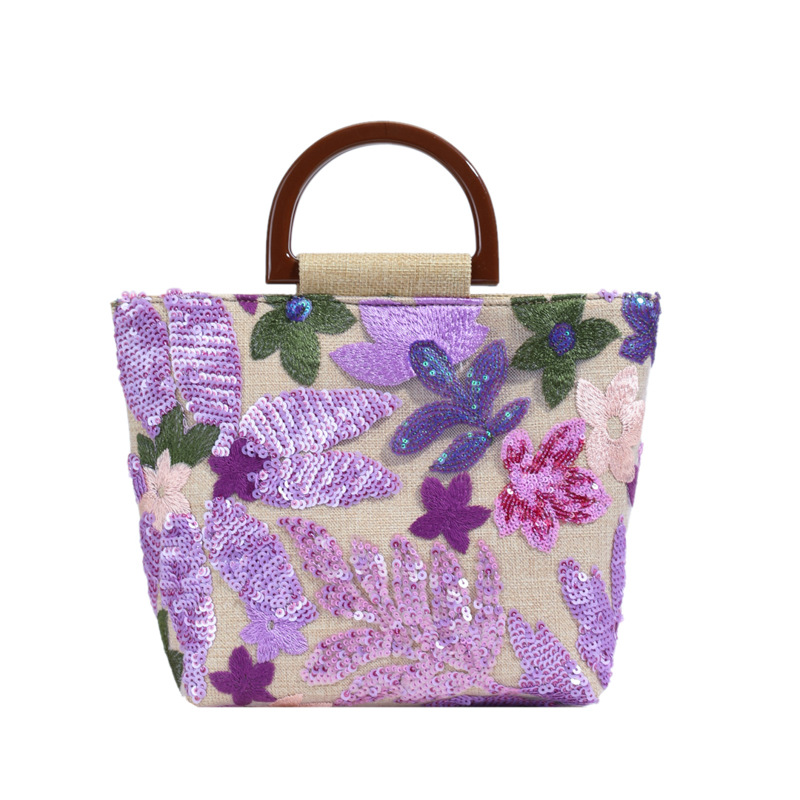 Linen Bamboo Knot Handle Bag 2025 New Chinese Style Women's Flower Large Capacity Handbag