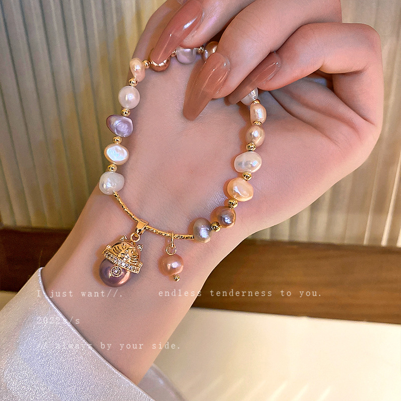 Baroque freshwater pearl zircon bracelet cat head bracelet hand jewelry for women