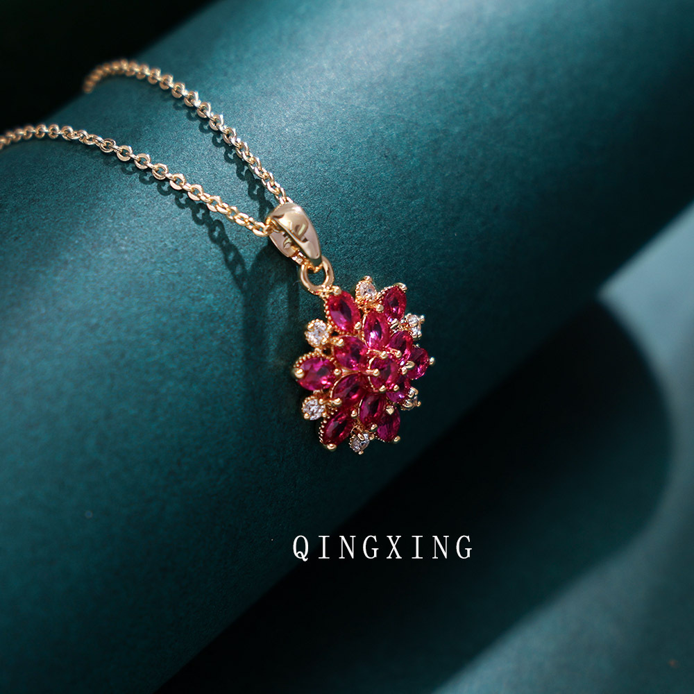 Red Corundum Three-Dimensional Flower Pendant Necklace Women's Synthetic Ruby Gold-Plated Collarbone Chain