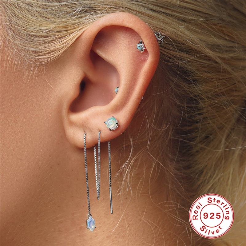 S925 sterling silver octagonal diamond-set opal ear stud earring opal niche minimalist earring niche earring