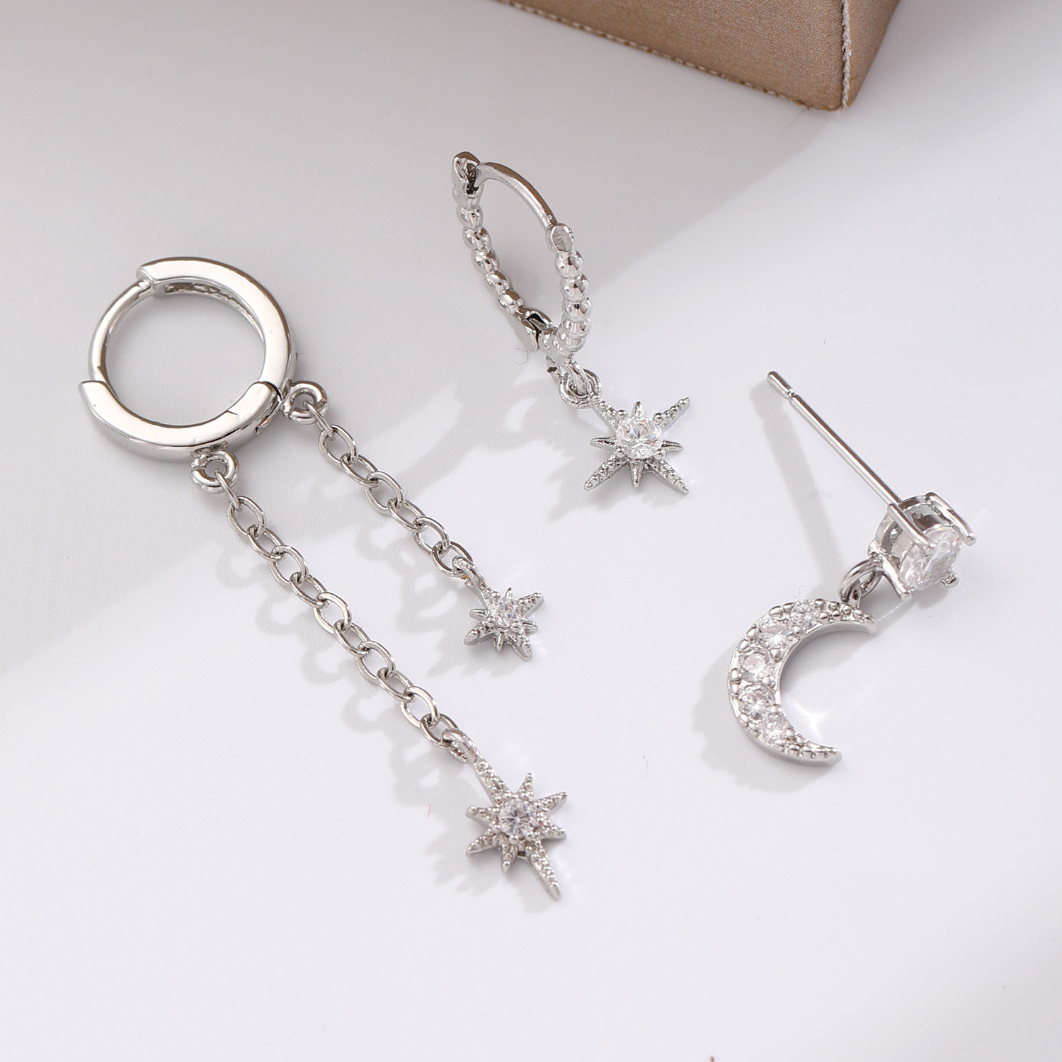 Star Moon Asymmetrical Earring Three-Piece Set Zircon Ear Stud Ear Cuff