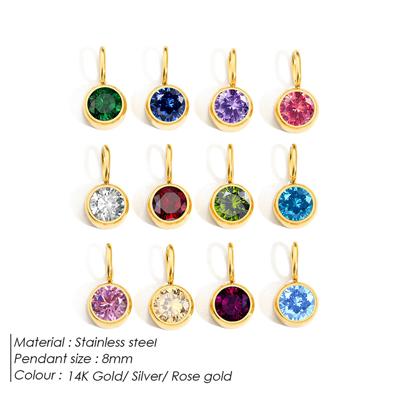 eManco Stainless Steel Jewelry Accessories 8mm Birthstone Pendant DIY Jewelry Accessories Colored Rhinestone Charm