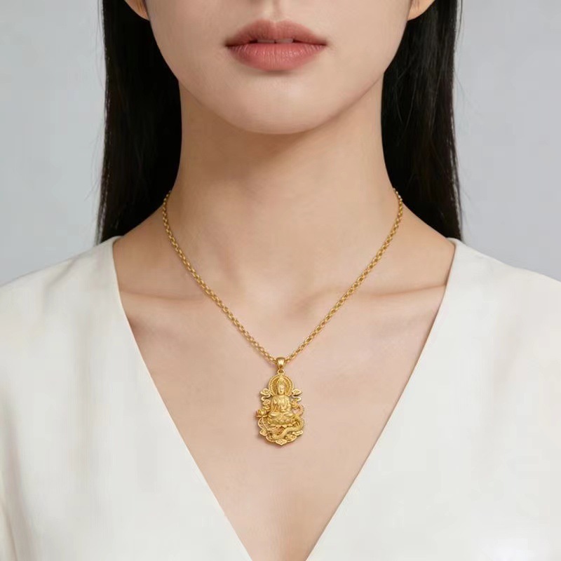Imitation gold Chinese style dragon brand Guanyin Buddha head pendant peace buckle pendant necklace for men and women