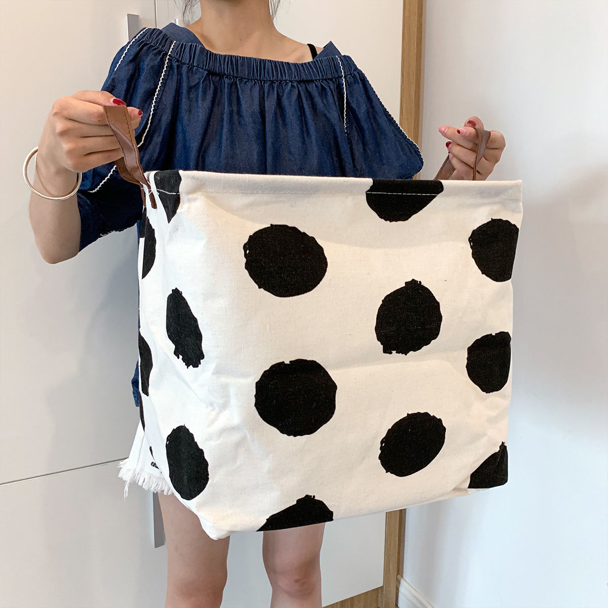 Polka Dot Plaid Large Black and White Laundry Basket, Dormitory Home Storage Basket, Foldable Large Capacity Storage Bag
