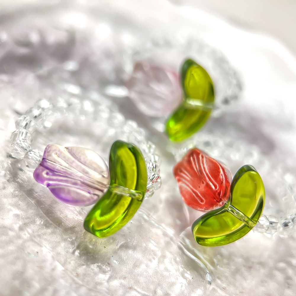 Glass Flower Tulip Stretch Ring, Minimalist Band, Hyuna Feng Shui Crystal Jewelry
