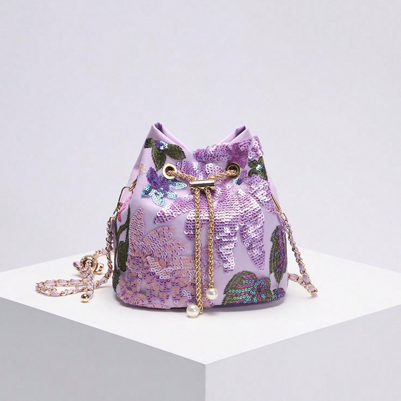 Women's Bag New Sequins Bucket Bag Contrast Color Mesh Embroidery Splicing Single Shoulder Chain Crossbody Bag