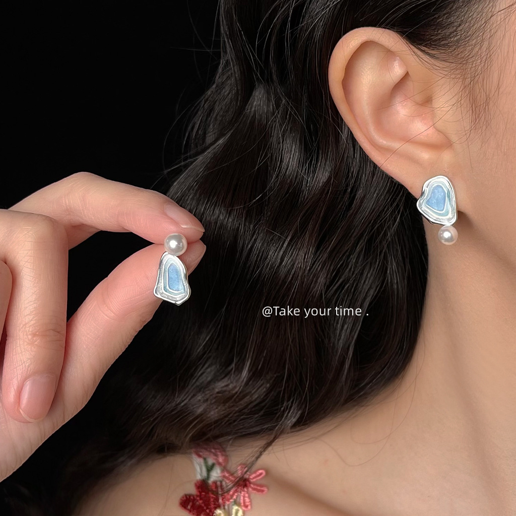 [Salt Lake Series] Designer silver needle enamel gradient drip glaze asymmetrical original earrings for women