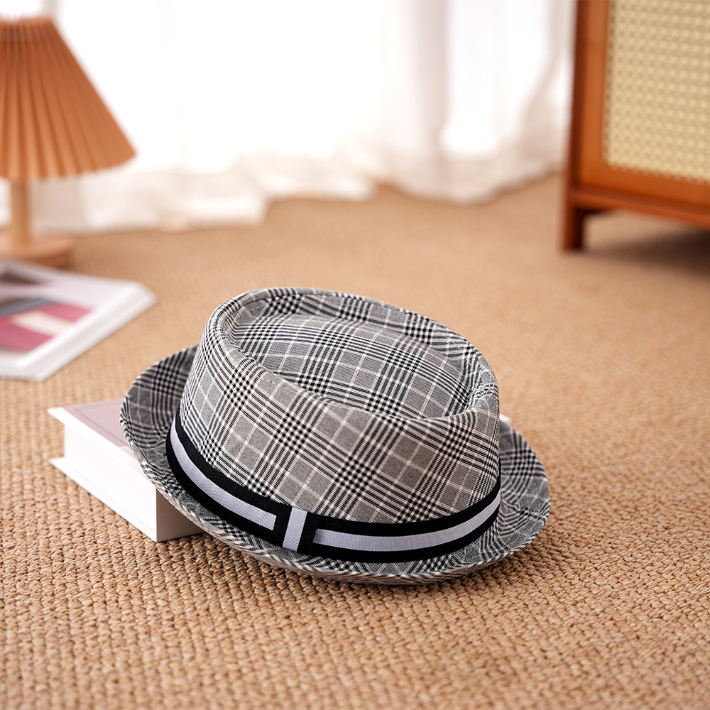 New Hat Men's Summer Short Brim Sun Plaid Jazz Gentleman Hat Women's British Round Top Fedora