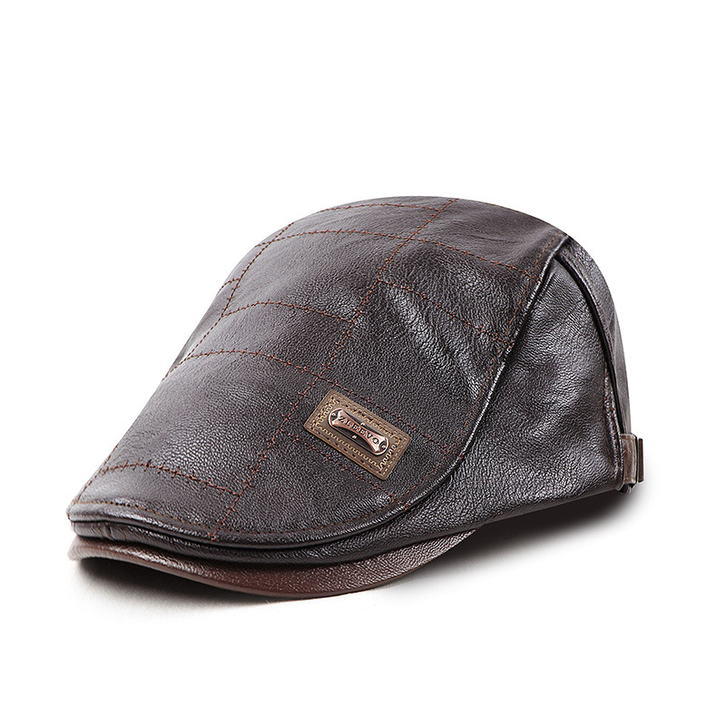 2020 new PU leather cap for middle-aged and elderly, fleece-lined outdoor warm cap, fleece-lined forward beret