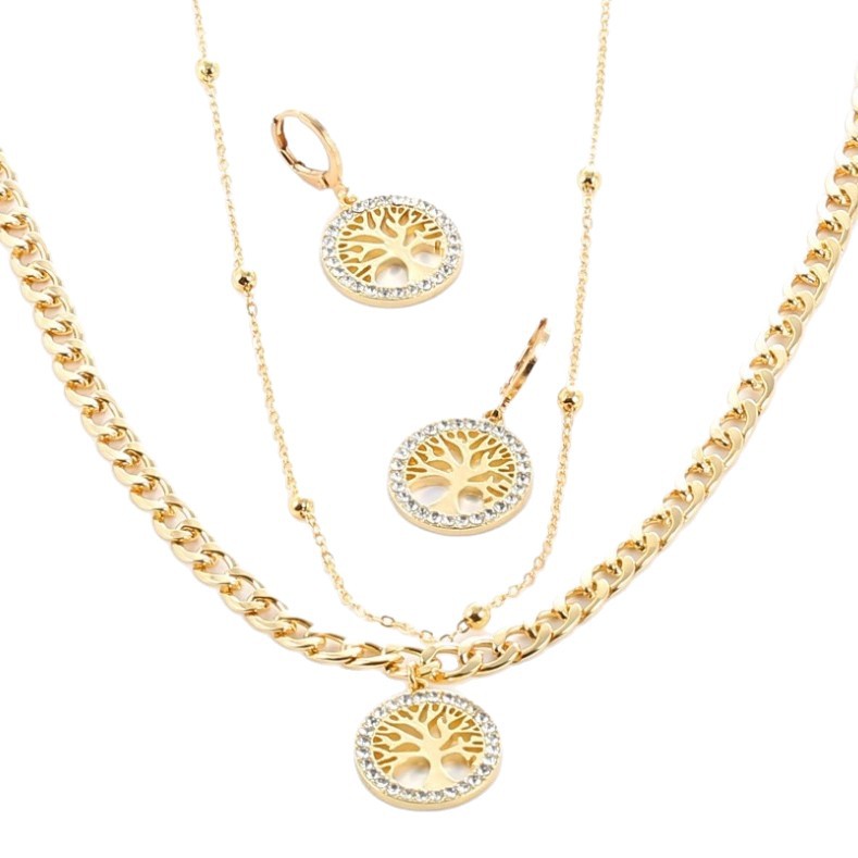 Double-Layer Full Rhinestone Round Tassel Tree of Life Collar Pendant Necklace Earrings Set Decorative Jewelry Women
