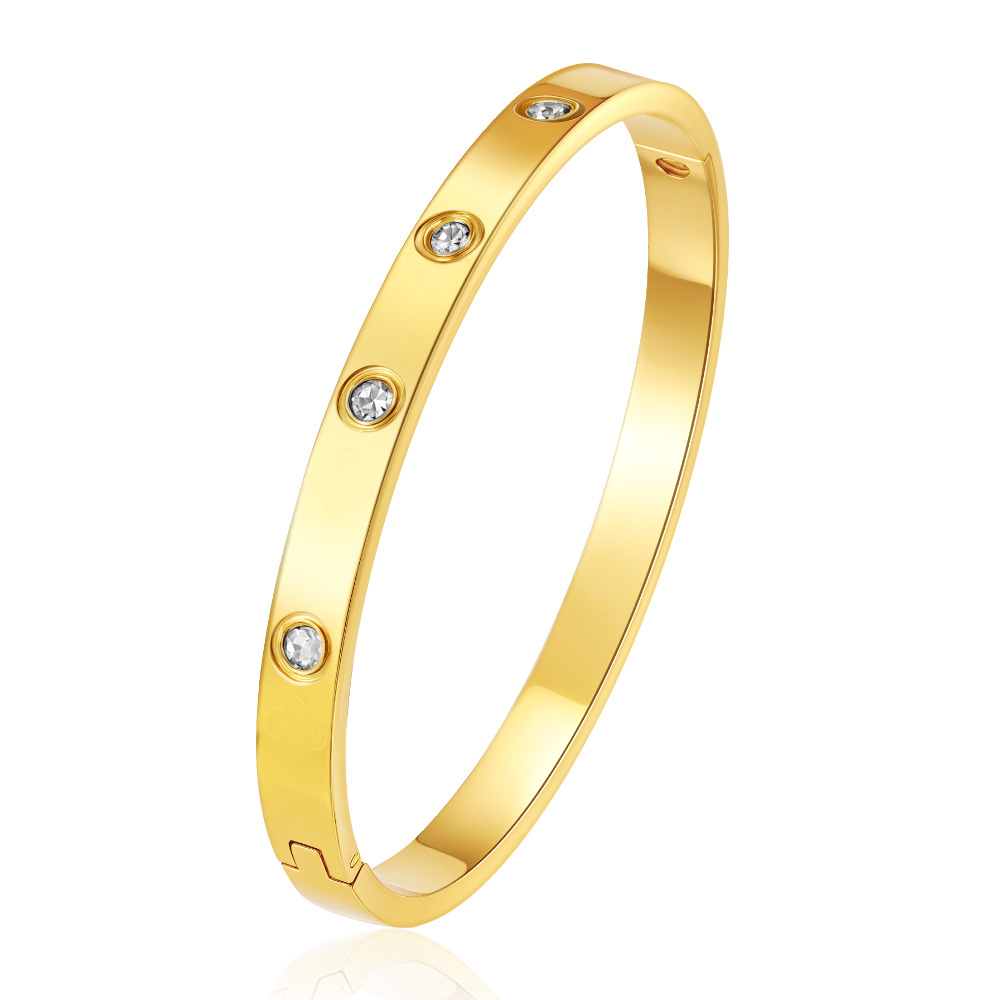 Round stainless steel snap bracelet, PVD 18K electroplated with rhinestones, for women, titanium steel bracelet ear accessories