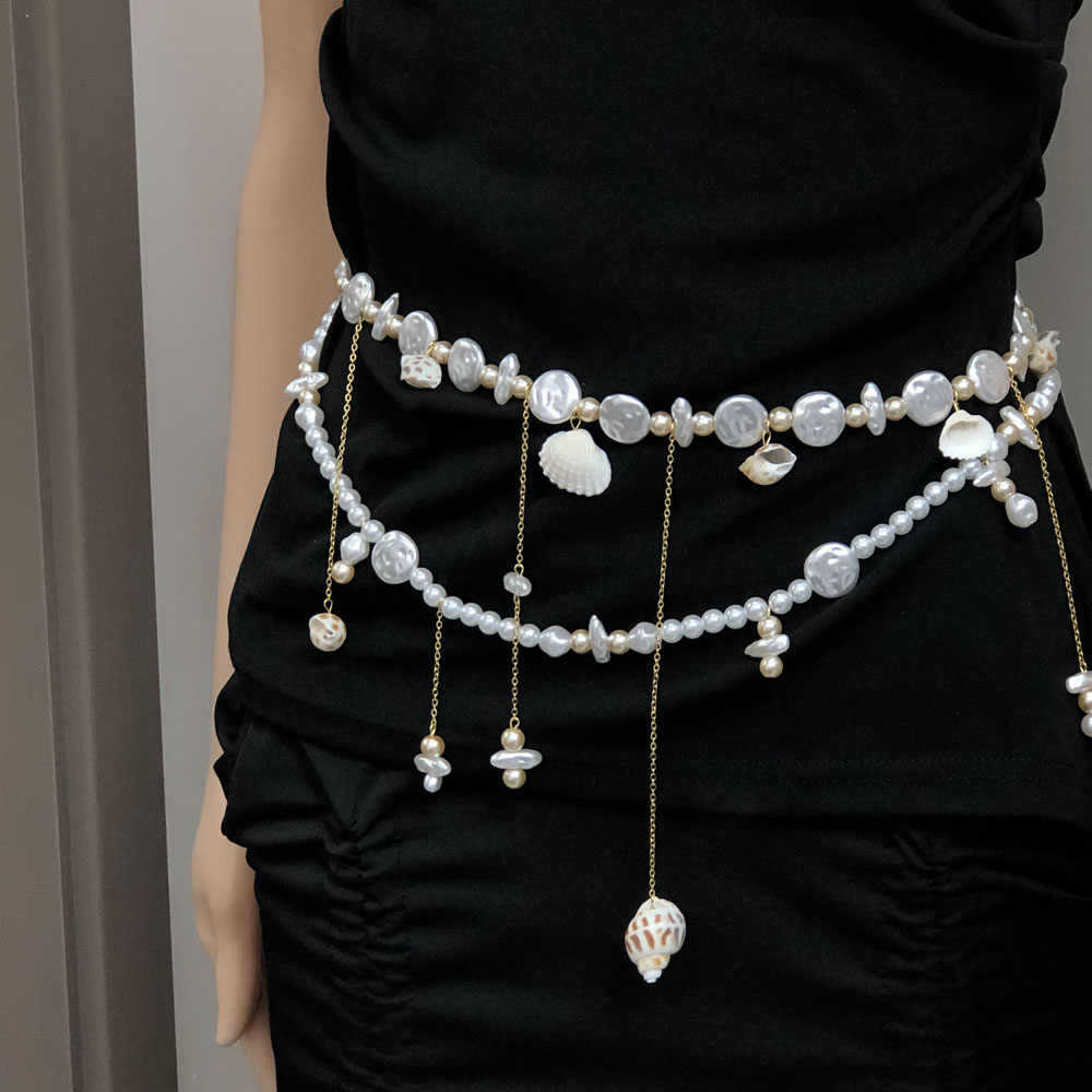 Beach Sand Pearl Shell Conch Tassel Double Layer Waist Chain Casual Vacation Style Small Waist Belt Decoration Women