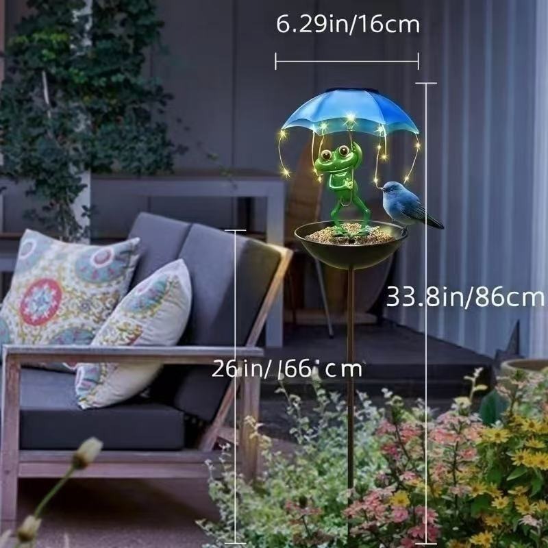 New Frog Holding Umbrella Bird Feeder Solar Light Iron Art Pastoral Scenery Animal Outdoor Garden Decoration