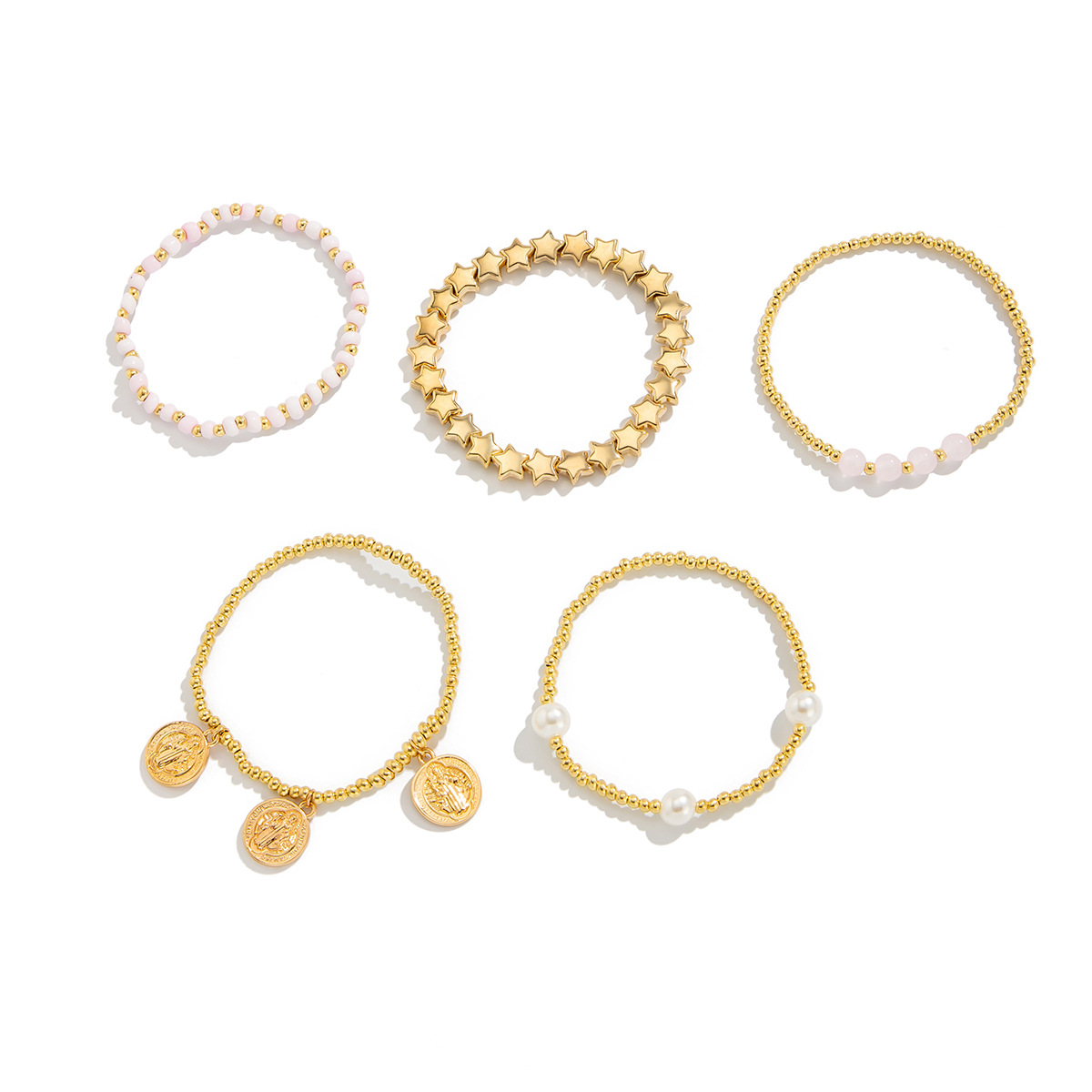 Bohemian five-pointed star beaded elastic bracelet metal tag faux pearl bracelet