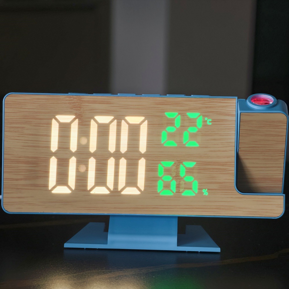 Modern Simple LED Large Screen Projection Clock Desktop Digital Alarm Clock ABS Shell Bamboo Surface Temperature and Humidity Display