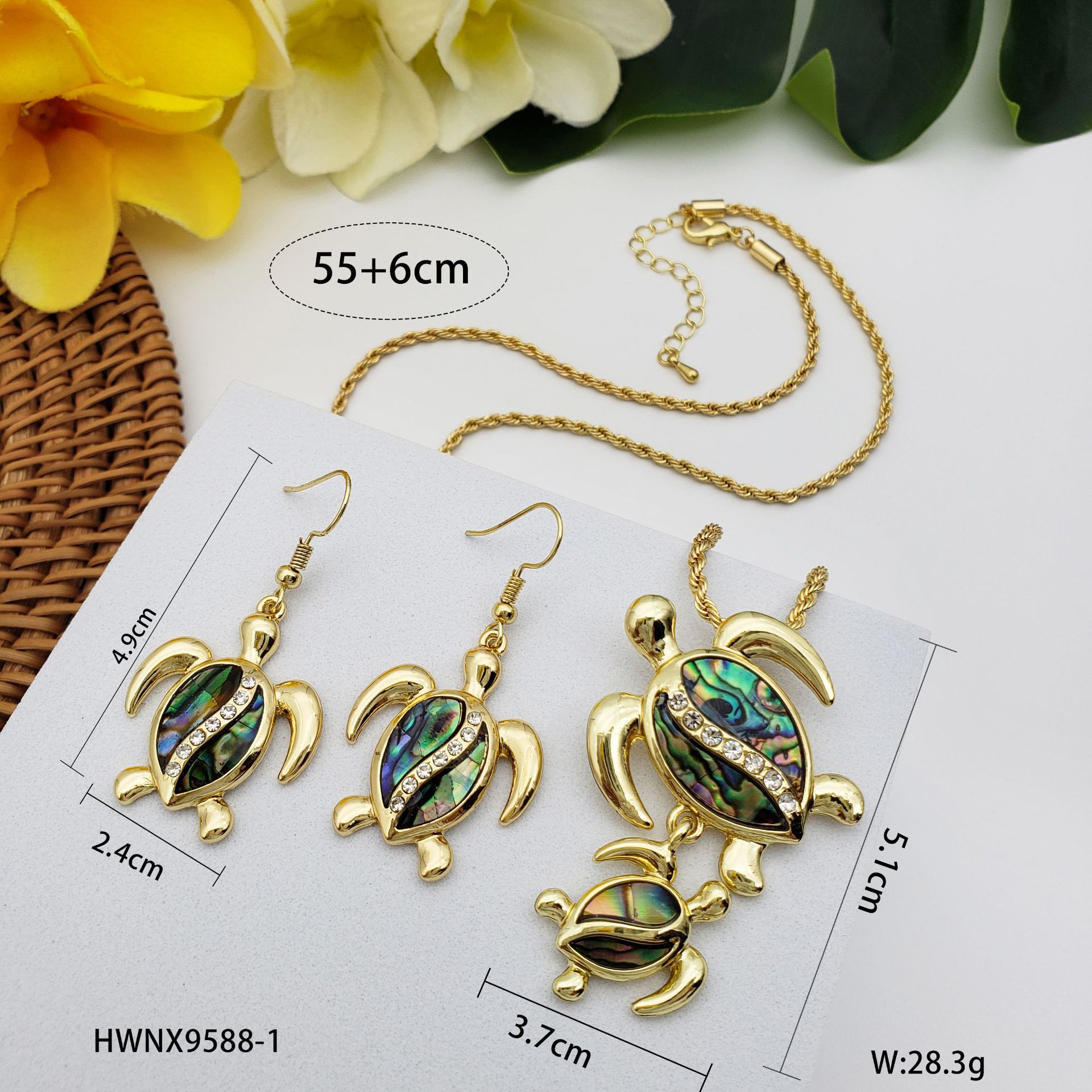 Natural Abalone Shell Applique Turtle Jewelry Set Hawaiian Style Necklace Earrings Two-Piece Set
