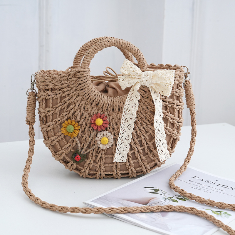 Custom Crossbody Straw Bag Ribbon Hollow Out Lining Simple Woven Bag Sunflower Handbag Daily Bag