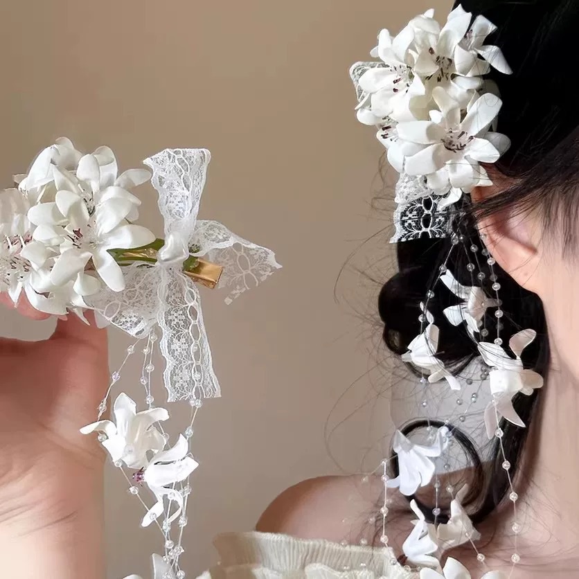 Super fairy faux flower tassel hair clip for women vacation style accessory Hanfu cheongsam side clip bun hair accessory