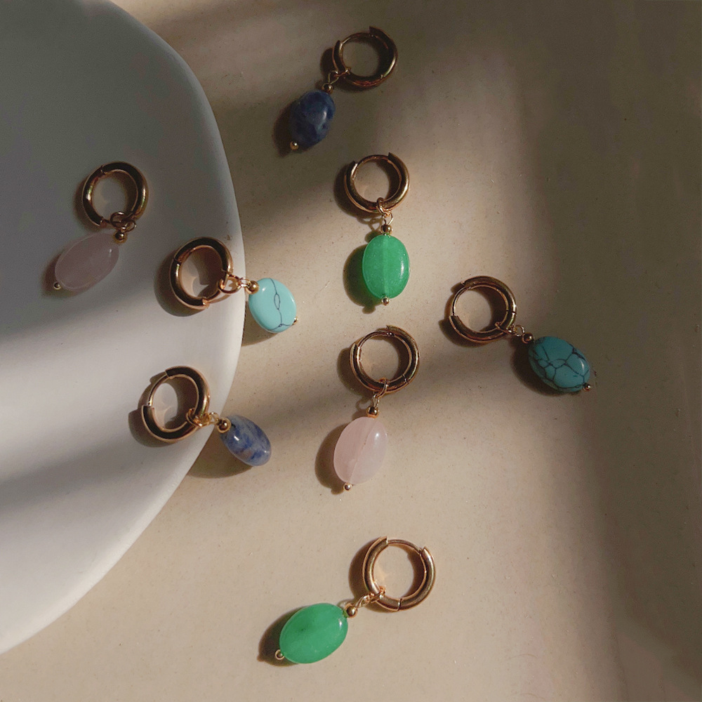 Oval-Shaped Earrings with Wind-Style Clasps, Titanium Steel and Natural Stone