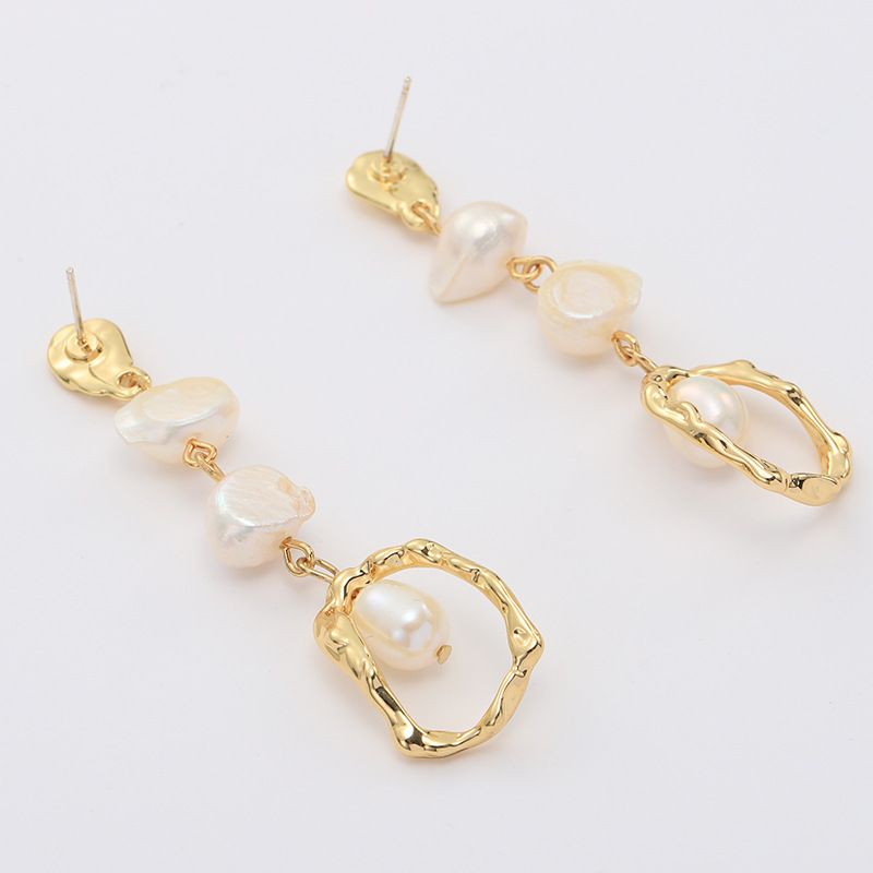 Metal gold geometric long freshwater pearl earrings exclusively supplied s925 silver needle earrings