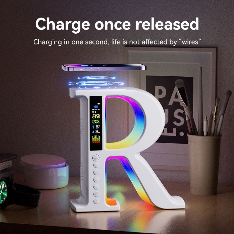 Big R wireless charging Bluetooth sound portable radio atmosphere light Bluetooth speaker decoration alarm clock multifunctional