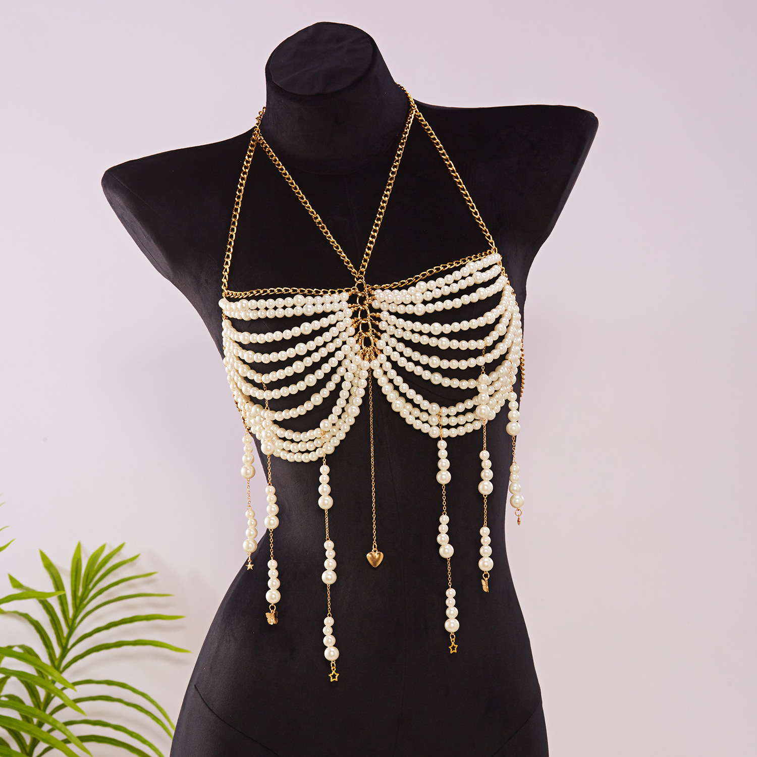 Pearl Beaded Chest Chain Tassel Halter Top Body Chain Bikini Beach Accessories