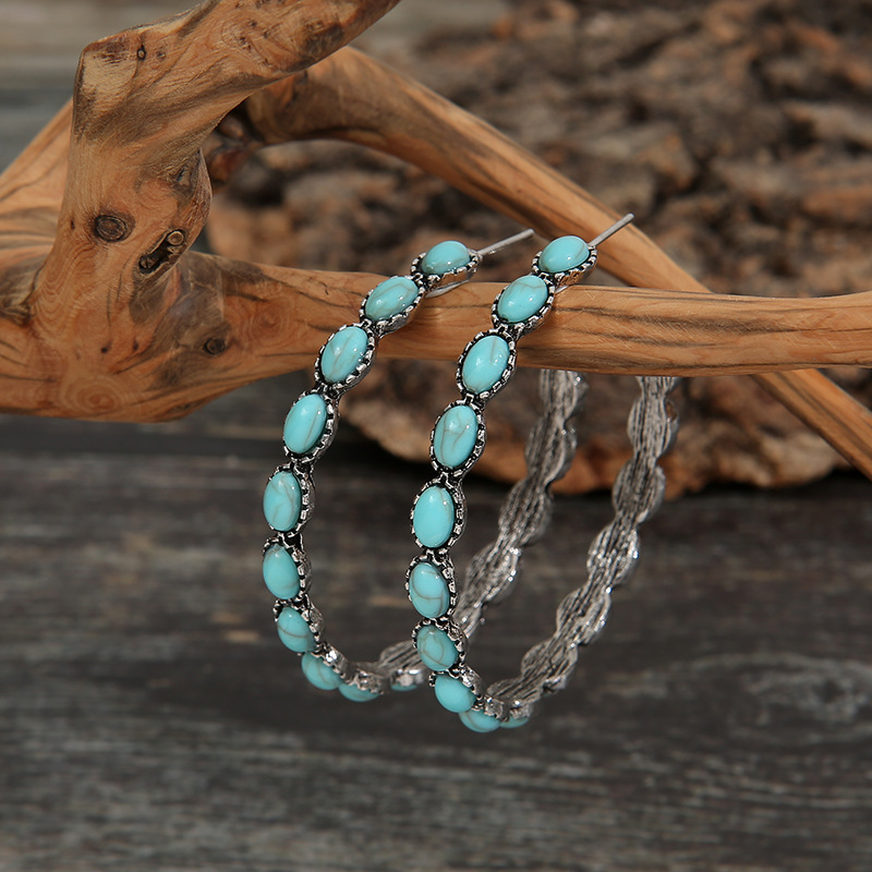 New Geometric Large Circle Inlaid Turquoise Earrings Exaggerated C-Shape Circle Earrings Women