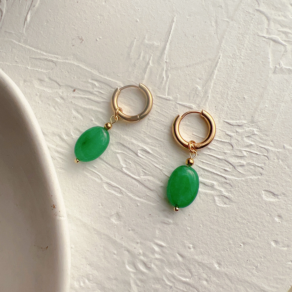 Oval-Shaped Earrings with Wind-Style Clasps, Titanium Steel and Natural Stone