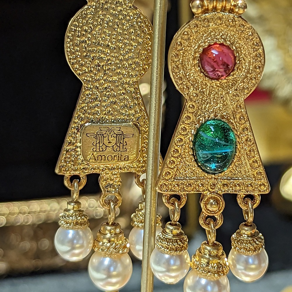 Western Vintage High Quality Brass Gold Plated Glass Palace Style Earrings