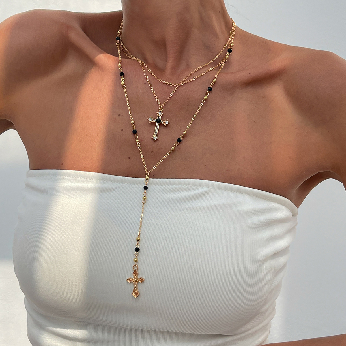 Hip-hop rhinestone cross pendant necklace faux pearl chain layered neck ornament for women