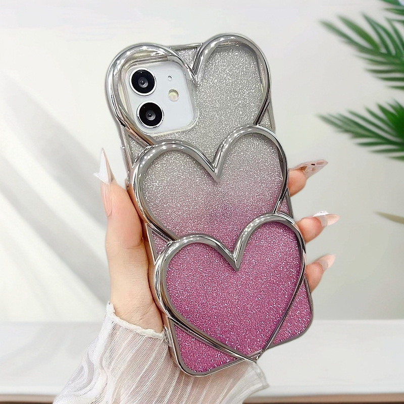 New compatible IP16/15 heart overlap electroplated 14 gradient glitter 13 full coverage anti-drop TPU phone case