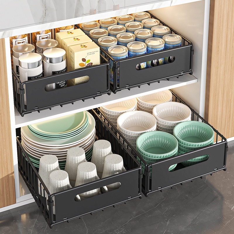 Kitchen storage rack cabinet pull-out basket under sink single-layer storage box slide rail drawer layered seasoning rack
