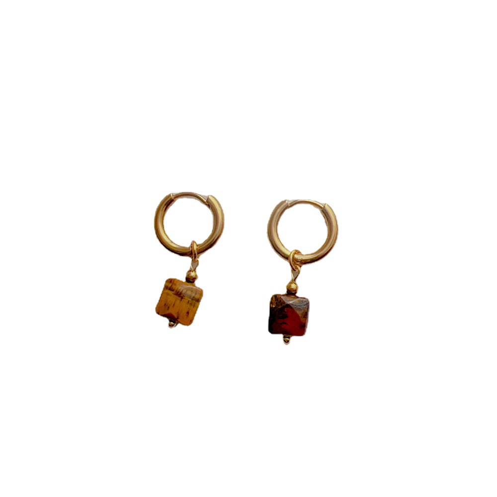 INS-Style Square Earrings: 18K Gold-Plated Stainless Steel Clips with Natural Stone Rhombus Pendants for Women