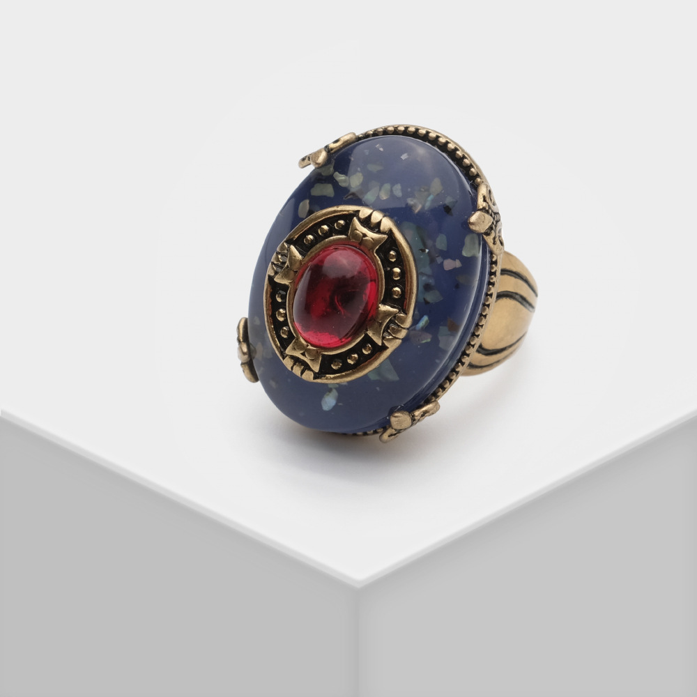 European Series Blue Glass Brass Vintage Ring for Men and Women Finger