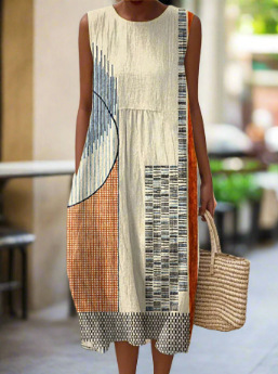 New Amazon Summer Sleeveless Pocket Casual Printed Long Dress Slim Fresh Style