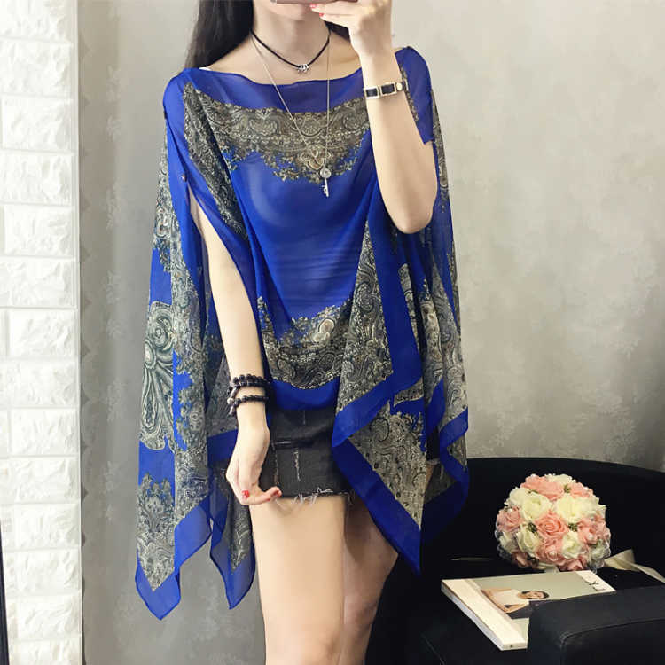 Sanya Beach Cape Shawl Sun Protection Clothing Women Summer Thin Off-Shoulder Chiffon Shirt Print Outerwear Shawl