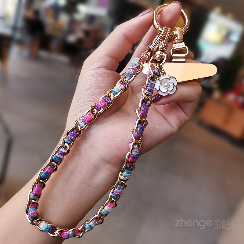 Mobile phone lanyard small fragrance camellia tag pendant phone chain wrist hanging decoration short metal chain