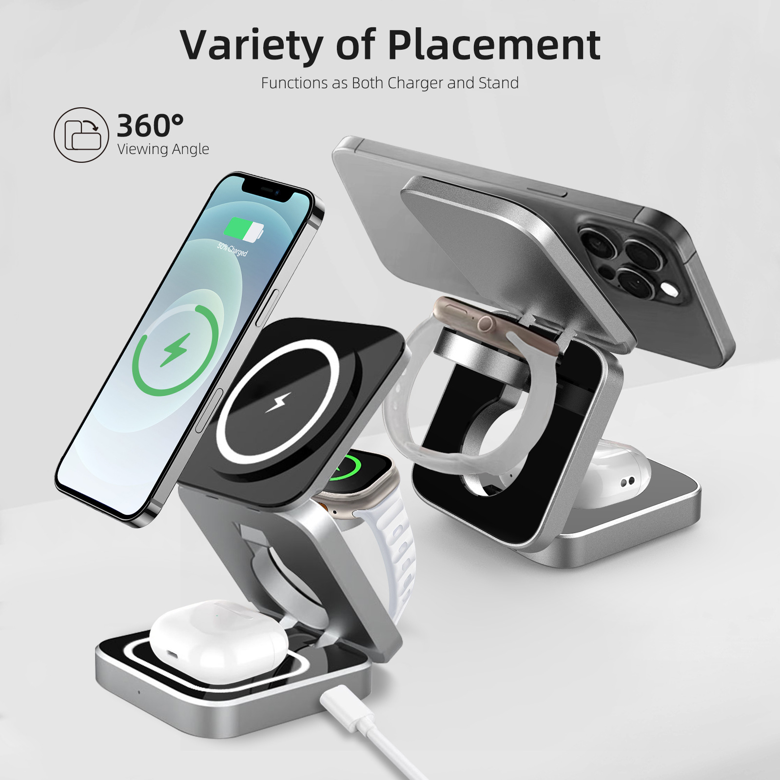 Three-in-one magnetic wireless charger phone fast charging foldable stand earphone watch wireless charger