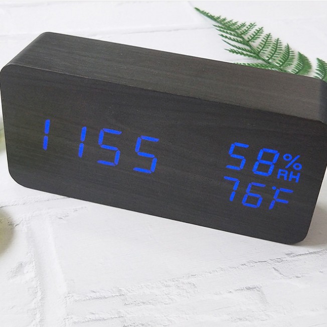 PVC Wooden Digital Alarm Clock Perpetual Calendar Temperature and Humidity Clock LED Triangular Electronic Clock Voice Control LED Wooden Clock