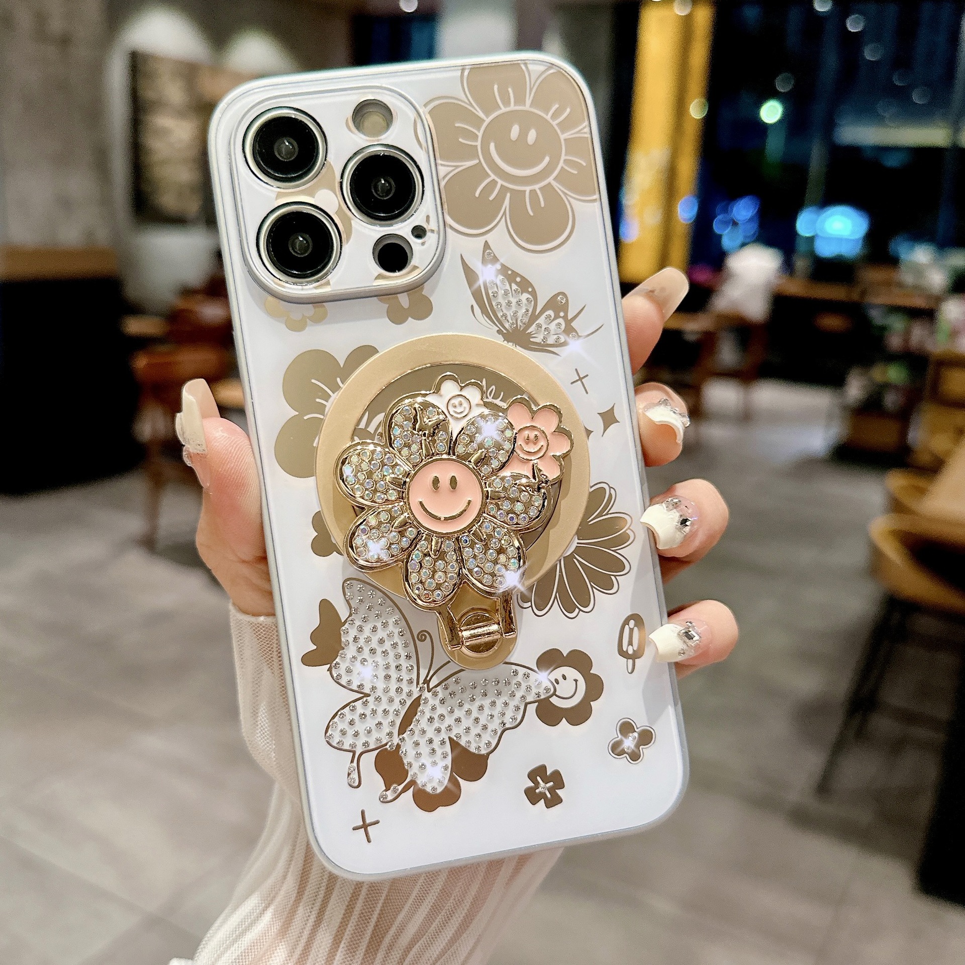 Compatible with iPhone 17 Pro Max phone case Apple 15 14 13 protective case rhinestone butterfly like flower magnetic bracket