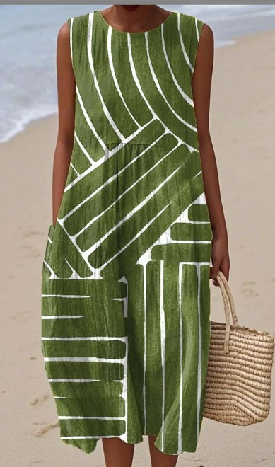 2026 New Sleeveless Printed Dress Beach Vacation Loose Mid Length Round Neck Dress Seaside Vacation Dress