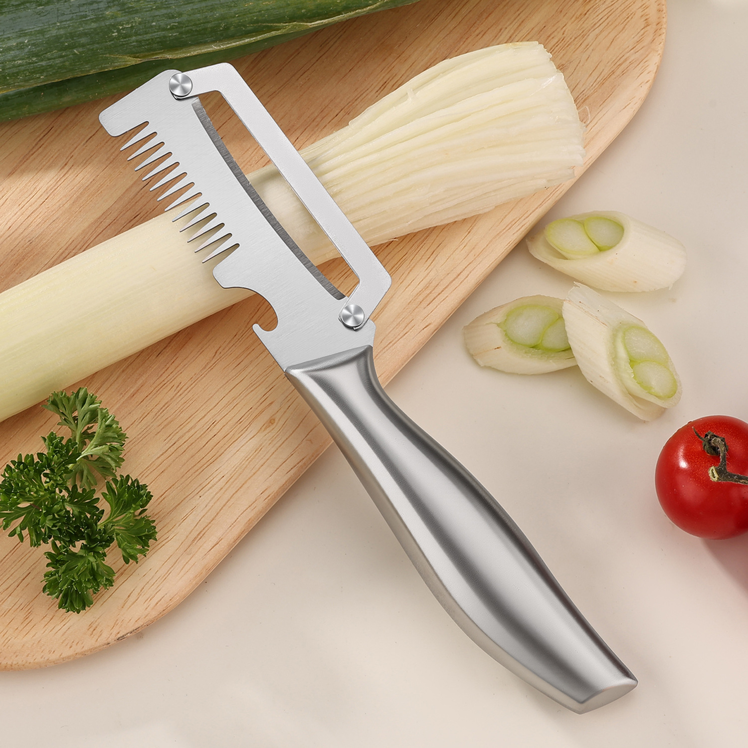 Multifunctional stainless steel scallion peeler, peeler, and bottle opener three-in-one kitchen household fruit peeler and scraper