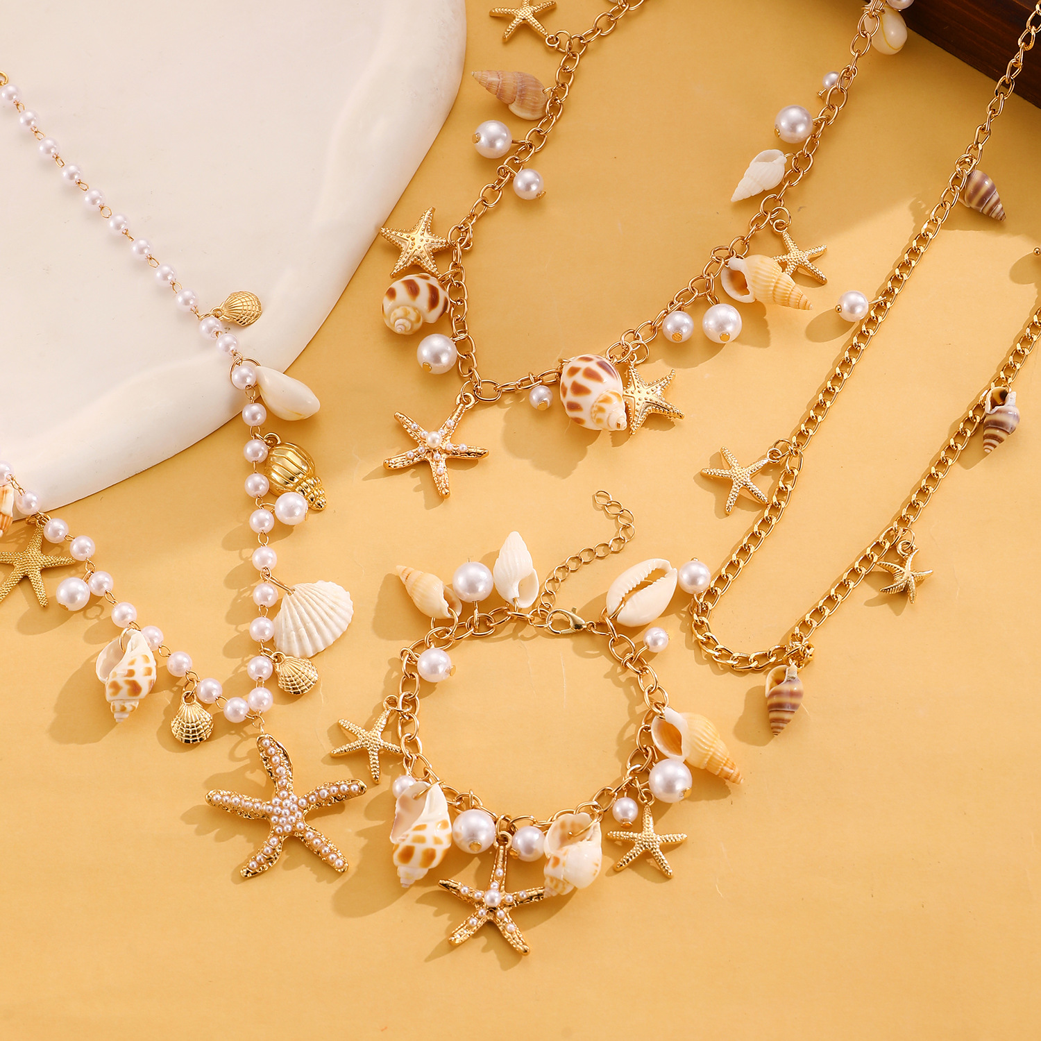 Bohemian Summer Beach Shell Collarbone Chain Niche Seaside Imitation Pearl Starfish Conch Pendant Necklace Bracelet