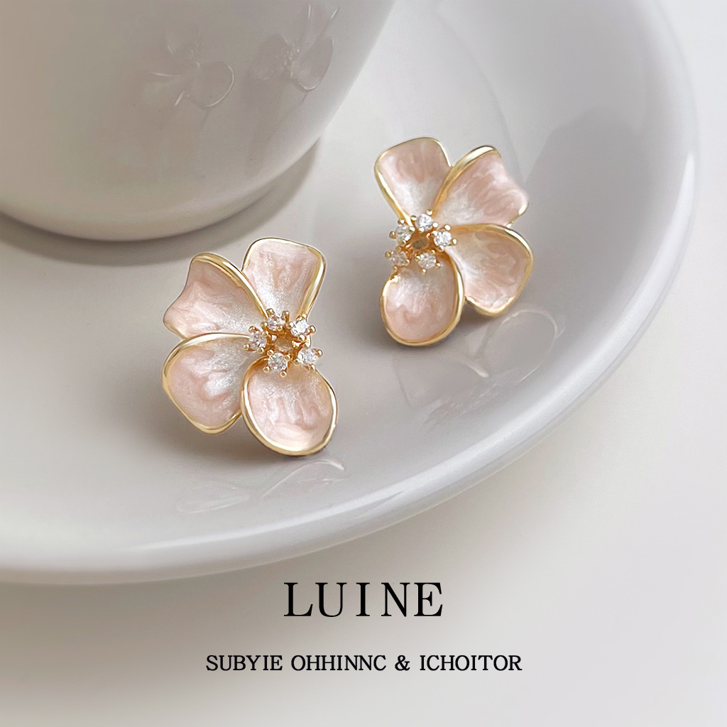 Fresh and sweet micro-set zircon silver-plated needle enamel drip glaze gradient color flower earrings for women, electroplated earrings