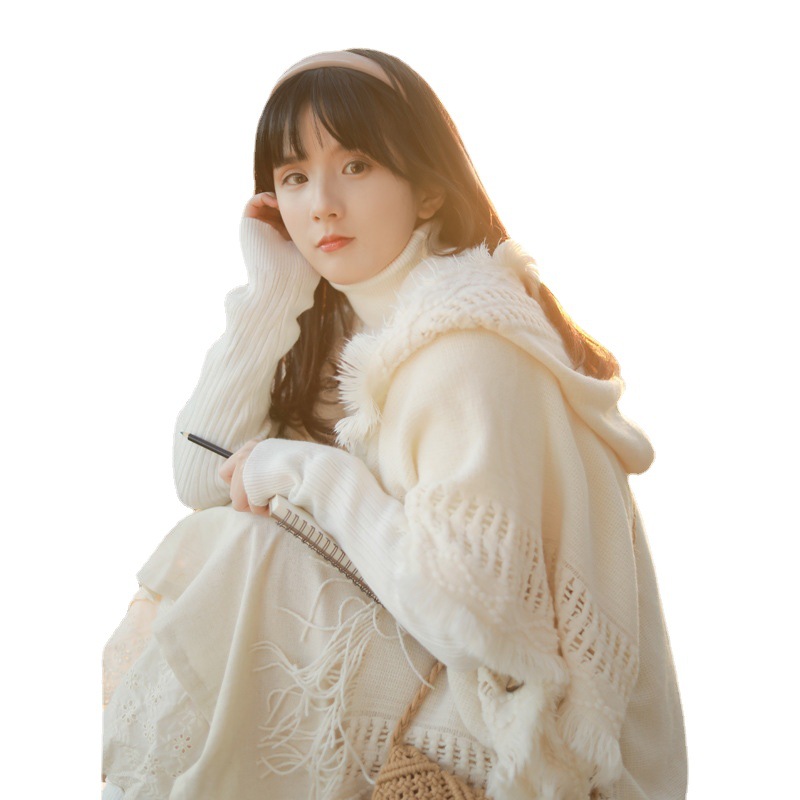 Button Shawl Bohemian Fringe Sweater Knit Top Yunnan Qinghai Travel Pullover Hooded Cape Spring Autumn Women