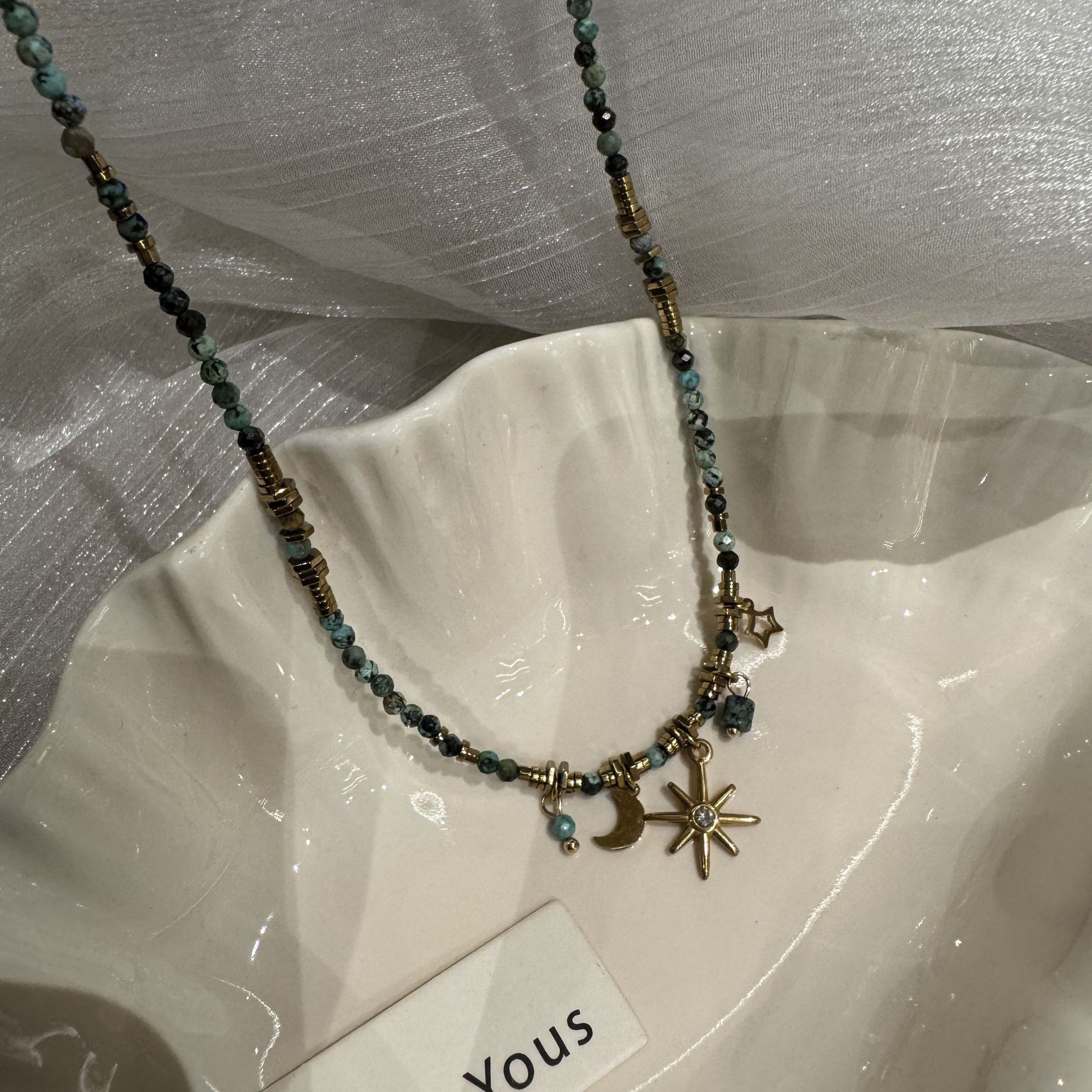Star moon natural stone titanium steel bead necklace niche accessories women's layered wear collarbone chain accessories