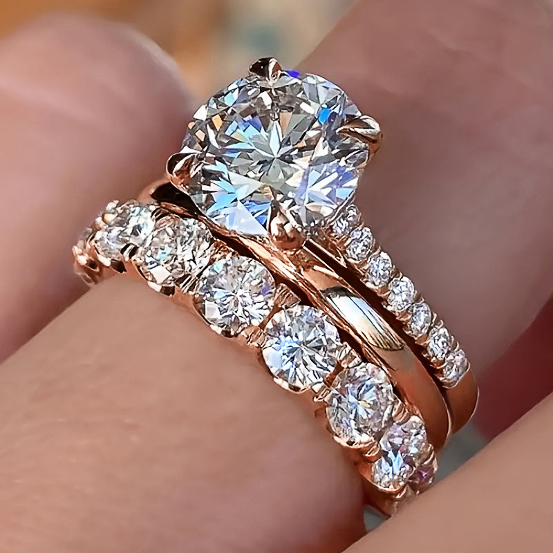 Cao Shi Three-Piece Ring Set with Zircon Elegant Diamond Ring for Wedding Party Matching Rings