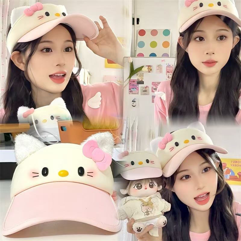 HelloKitty Sun Protection Hollow Top Hat, Cute Sunshade Hat, Face Slimming, Cartoon Kitty Cat, Face Slimming Hat